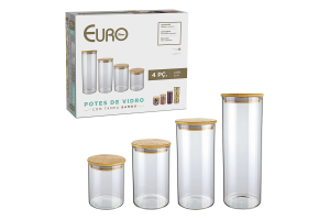 CJ. D POTES DE VIDRO SILM COM TAMPA BAMBU 4 PÇS REF-VDR68044